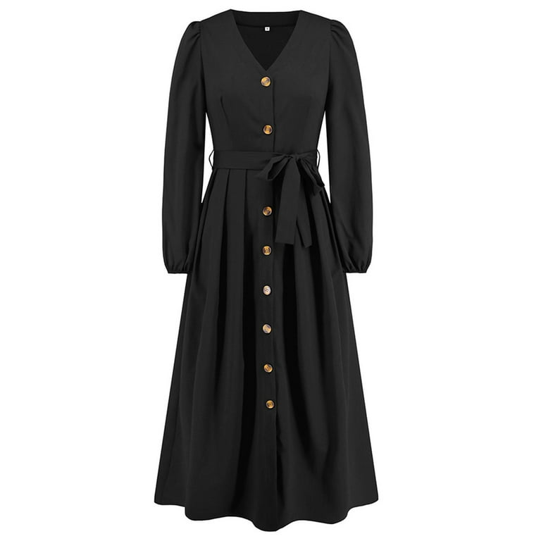 Busydd Womens Fall Dresses V Neck Cocktail Dress Fashion Button Down Homecoming  Dresses Solid Color Tunic Wedding Guest Dress Bow Tie Maxi Dress Casual  Flowy Long Sleeve Dress - Walmart.com