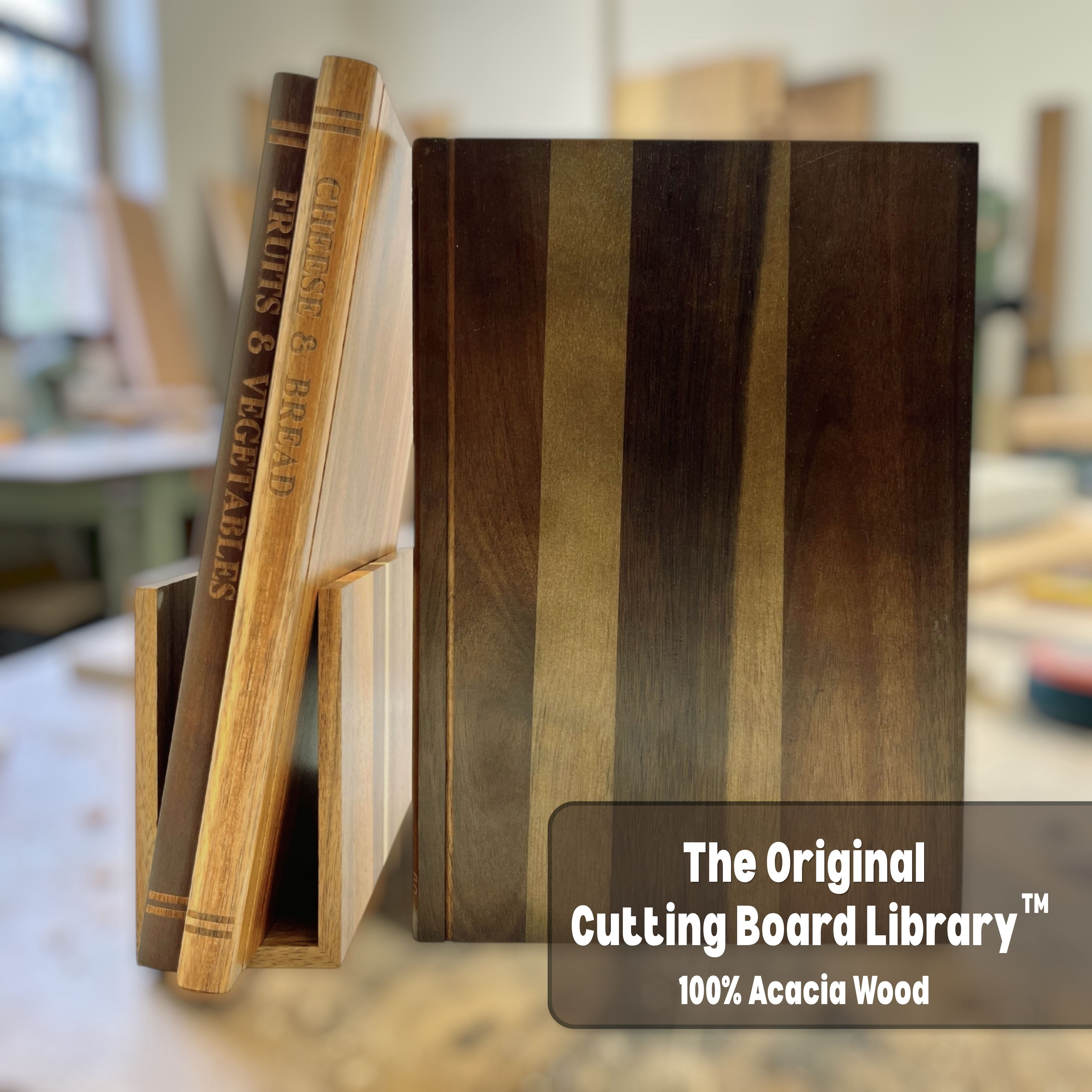 The Cutting Board Library | 100% Acacia Wood | Set of 3 Decorative and Functional Cutting Boards with Wooden Stand | Fruits, Vegetables, Meat, Fish, Cheese and Bread | Statement Piece for Countertop