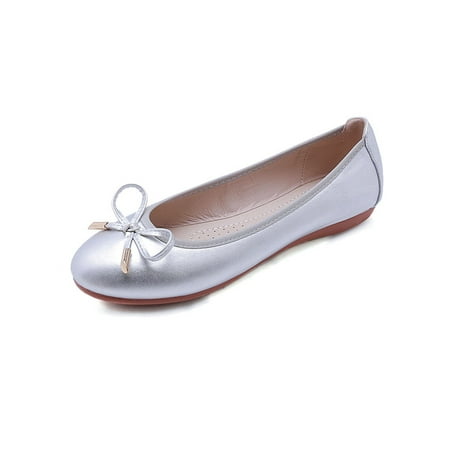 

SIMANLAN Womens Flats Round Toe Ballet Flat Slip On Loafers Ladies Anti-Slip Casual Shoes Women Bow Tie Boat Shoe Silver 8