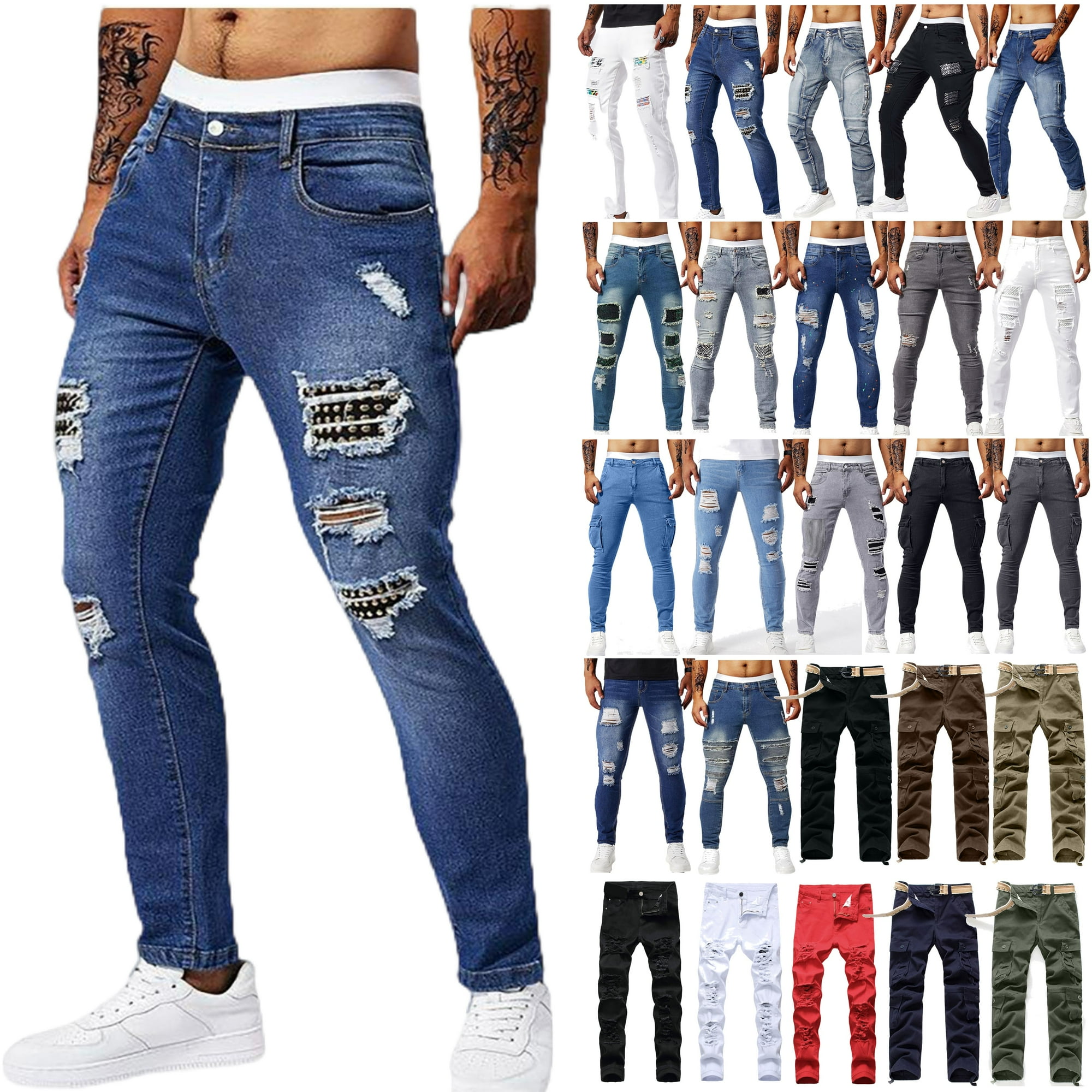 DDAPJ pyju Big and Tall Skinny Jeans for Men Casual Ripped Denim