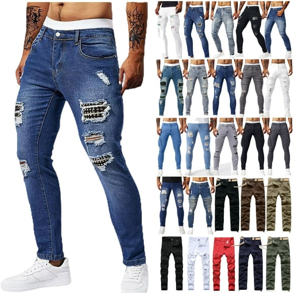 DDAPJ pyju Big and Tall Skinny Jeans for Men Casual Ripped Denim Pants Slim Fit Stretch Distressed Jean Pants Vintage Streetwear White M