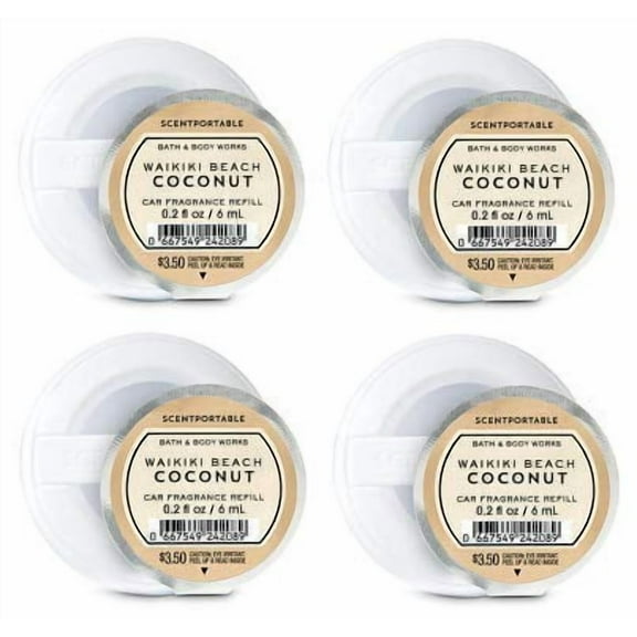 Bath and Body Works 4 Pack Waikiki Beach Coconut Scentportable Fragrance Refill. 0.2 Oz.