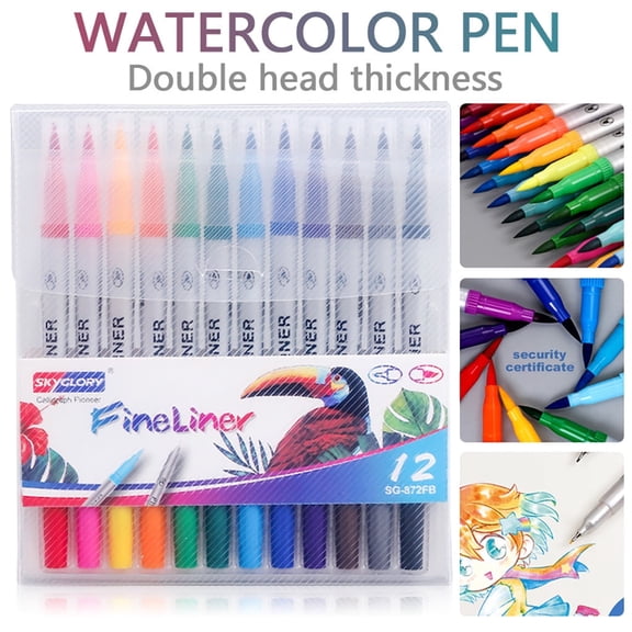 XIAfhje Dual Tip Watercolor Brush and Fineliner Marker Pens Set, Flexible Dual Tips Point, Assorted Colors, 12 Count