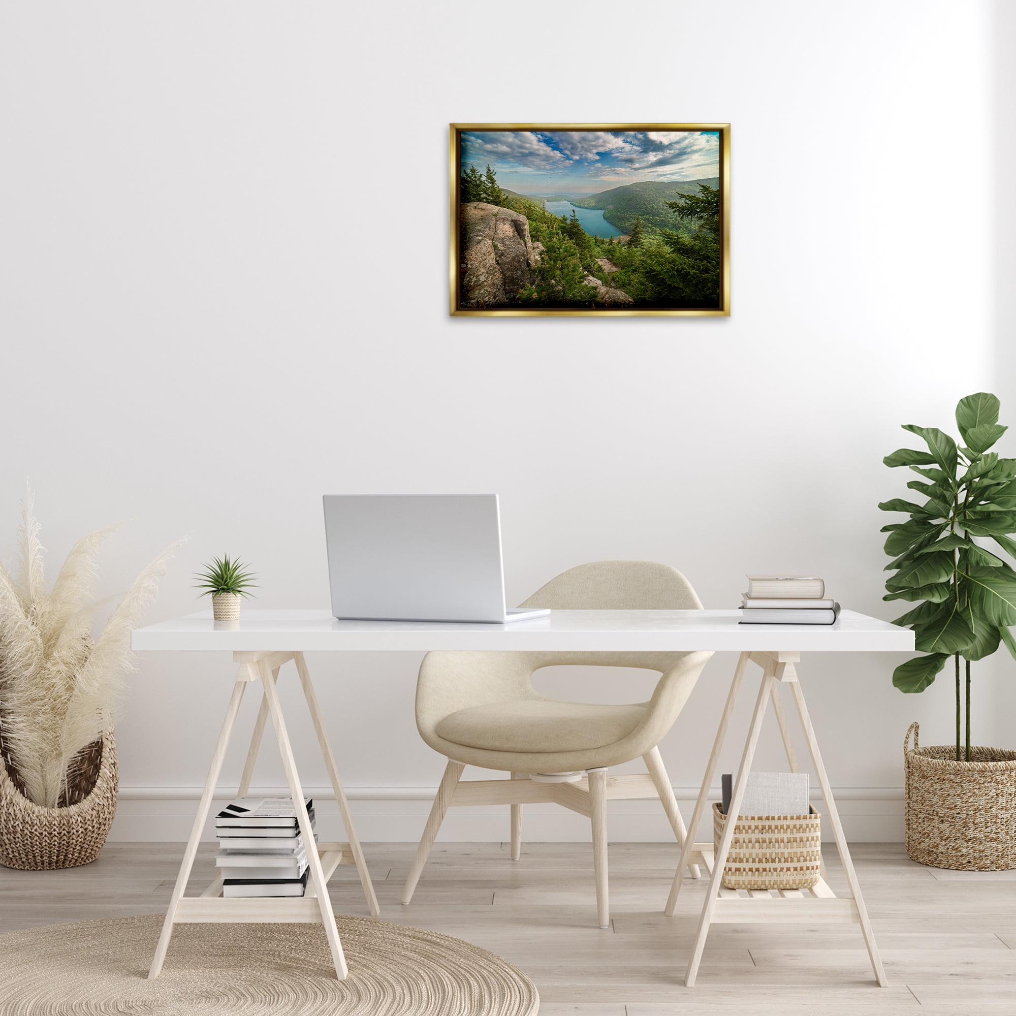 Stupell Industries Lake View Over Mountains Landscape & Nature Photography Gold Floater Framed Canvas Art Print Wall Art, 25 x 17