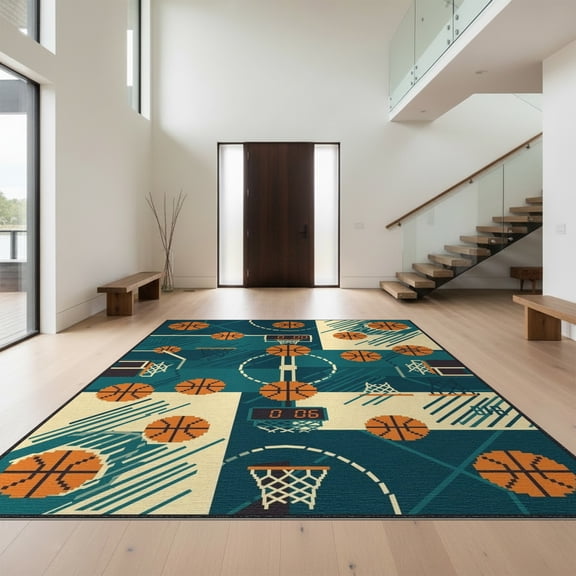 Design&I 5'x7' Washable Area Rug Flatweave & Daily Traffic Ready Basketball Print Retro Arcade Panel Bold Stripe Border Hoops Flowing Dynamic for Guest Room, Lounge, Apartment