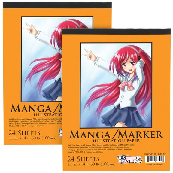 U.S. Art Supply 11" x 14" Premium Manga-Marker Paper Pad, 60 Pound (100gsm), Pad of 24-Sheets (Pack of 2 Pads)