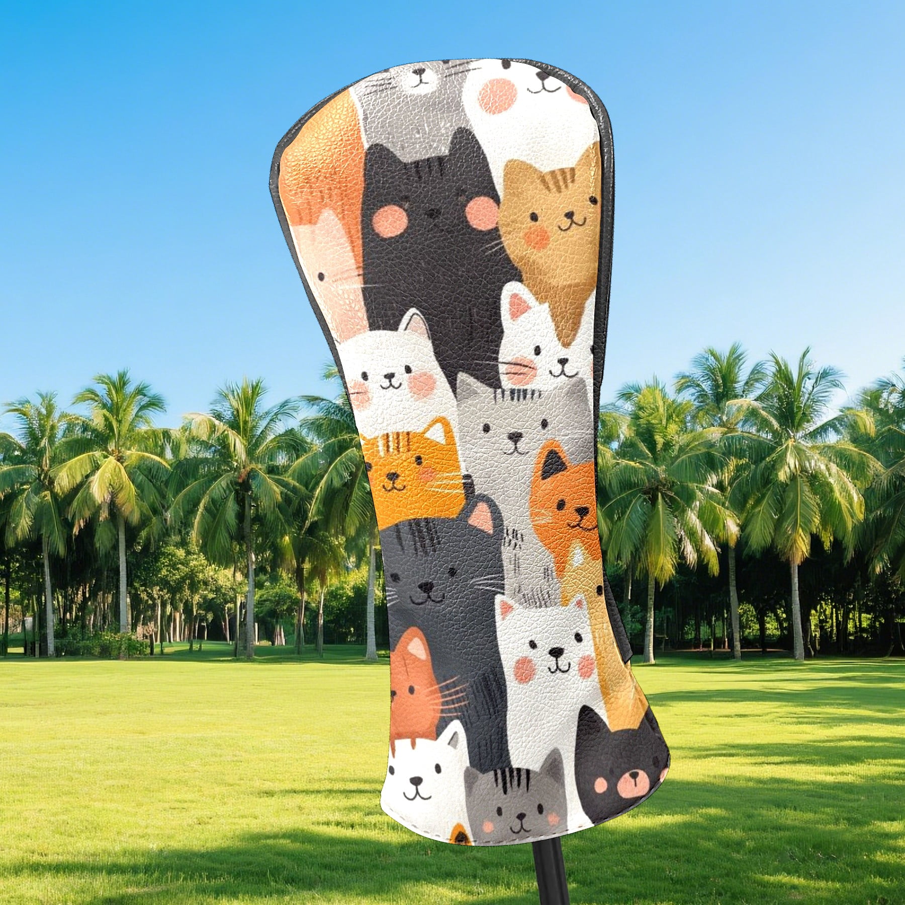 Golf Club Head Covers - Multi-Colored Cat Design, PU Leather, Waterproof, Fits Fairway Woods/Hybrid, Unisex, Fits Most Brands