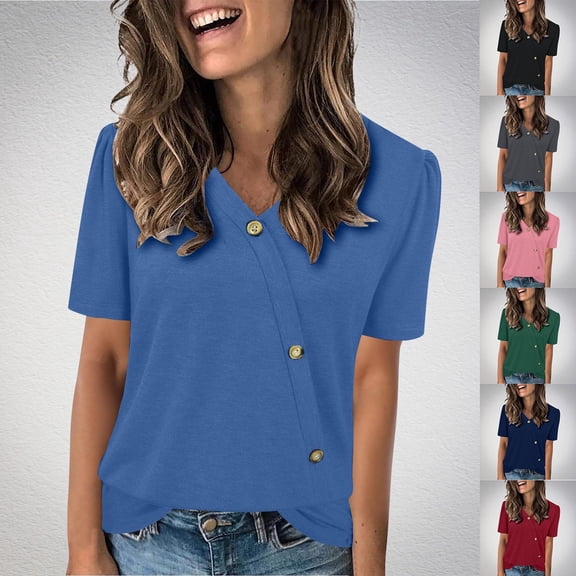 TAGOLD Summer Casual Tops,Plus Size T-shirt Blouse for Womens, Women's Solid Color Short Sleeved V-Neck Button Casual Fashionable