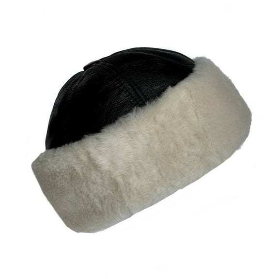Premium Leather Unisex Shearling Sheepskin Fur Winter Beanie - Warm Wool Skull Hat for Men & Women (US, Alpha, Small, Black/Ivory Fur)