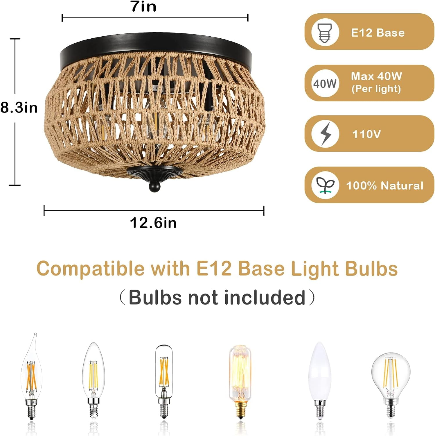 Table Lamp 3-Lights Woven Rattan Flush Mount Ceiling Light Fixture with Hand-Worked Cage Shade for Bedroom, Kitchen, Foyer, Porch,Bedroom Lamp