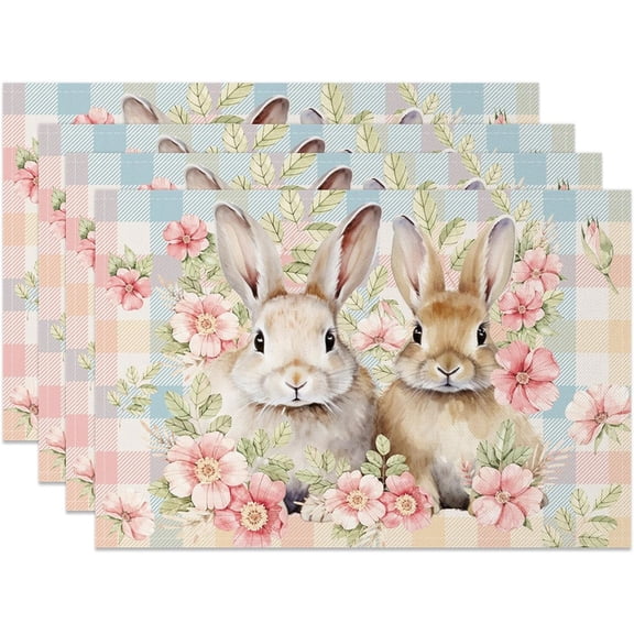 Happy Easter Placemats Set of 4 12x18 Inch Bunny Rabbit Flowers Floral Buffalo Plaid Pastel Seasonal Spring Table Place Mats for Party Kitchen Dining Decoration