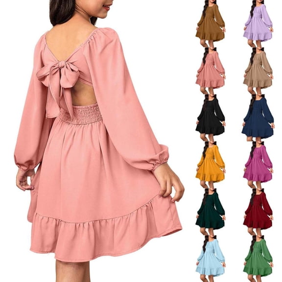 Bxsruta Girls Long Sleeve Pleated Dress Casual Birthday Party Wear for Kids 4-13 Years Old Soft Polyester Blend