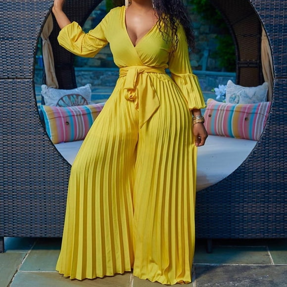 GZWYHT Rompers for Women Women's Jumpsuits Womens Deep V Neck Long Sleeve Button Down Wide Leg Jumpsuit Romper Jumpsuit for Women Gold Jumpsuit for Women Yellow L
