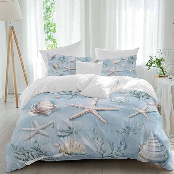 Starfish Shell Queen Size Comforter Set, Seaweed Coastal Summer Nautical Bedding for All Seasons, 4 Pcs Bed Set, 1Quiltcover (90"x92") ,1Sheet(94"x116"), 2Pillowcases (30"x20")