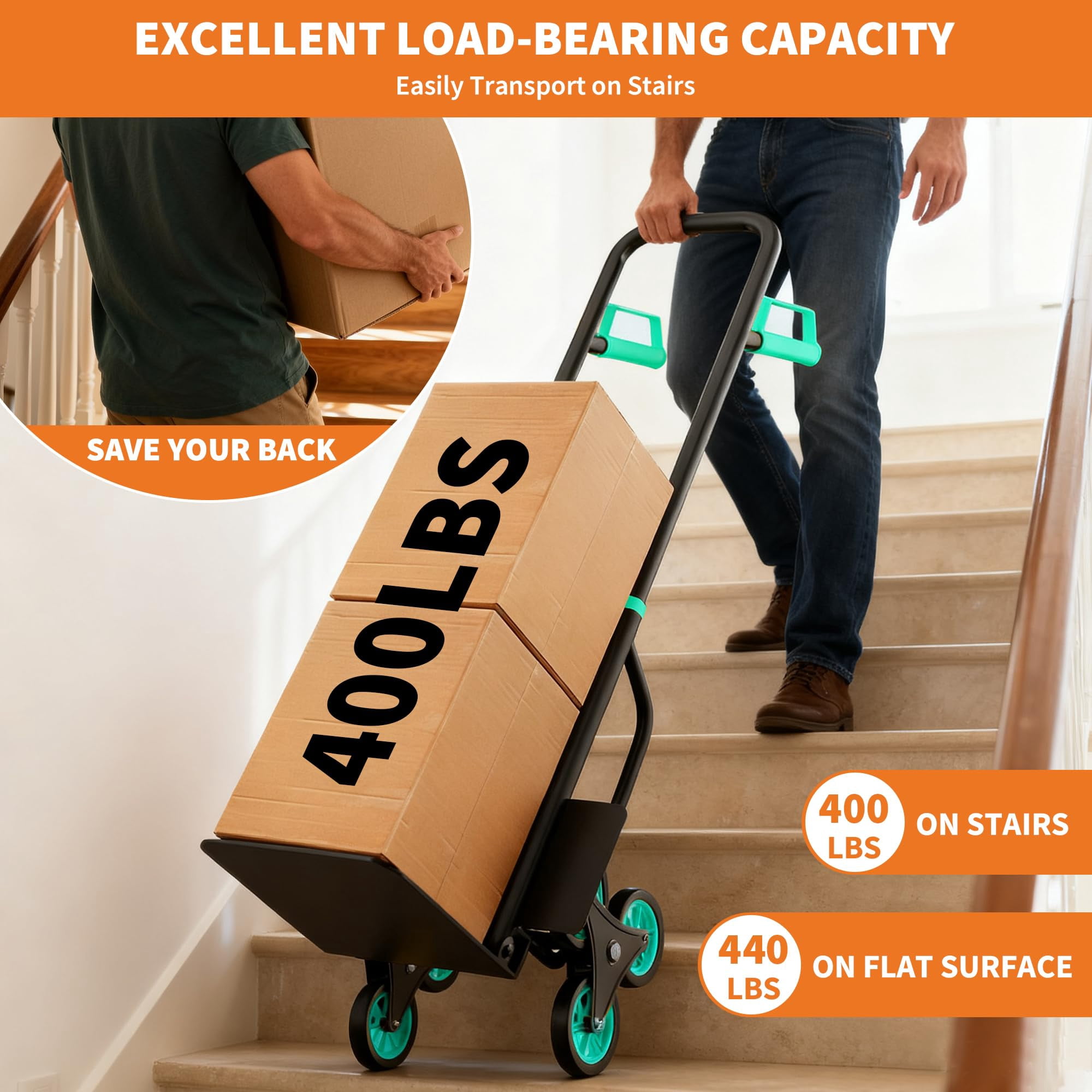 3 in 1 Convertible Aluminum Hand Truck Dolly Cart, 440Lbs Capacity, Stair Climbing Utility Trolley Platform Cart for Transport and Moving in Home, Office, Warehouse, Supermarket, Green+Black