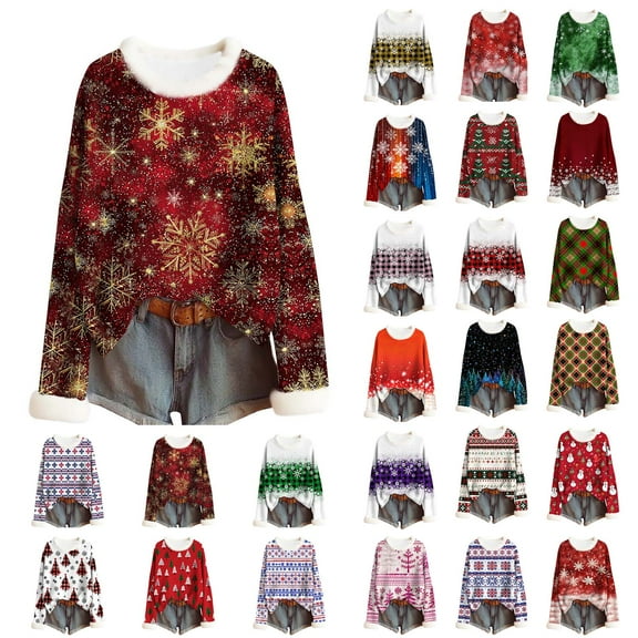 Feancey Women's Faux Fur Trim Christmas Sweaters Xmas Snowflake Print Crewneck Sweater Long Sleeve Casual Knitted Tops Holiday Gifts Red XXL