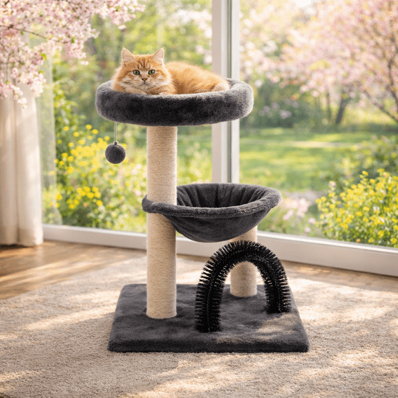 FluffyDream Small Cat Tree Tower for Indoor Cats, 5-in-1 27.8" Multi-Level Cat Tree with Scratching Posts, Plush Hammock, Perch, Self Groomer Brush, Dangling Ball for Kittens/Small Cats Play &Rest