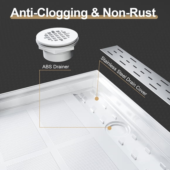 Non-Slip Shower Base 48 x 32 Inch, Right Drain - Fiberglass Reinforced - 304 Stainless Steel Long Cover - Single Threshold - Easy-to-Install Shower Pan Kit - 3-Side Water Retaining