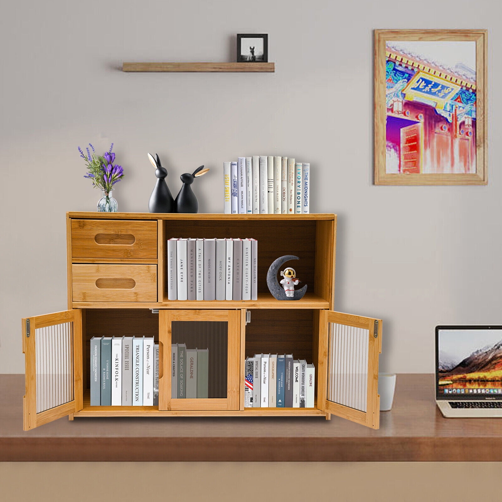 Bamboo Countertop Shelf Storage Cabinet Shelf Kitchen Pantry Sideboard with 2 Drawers