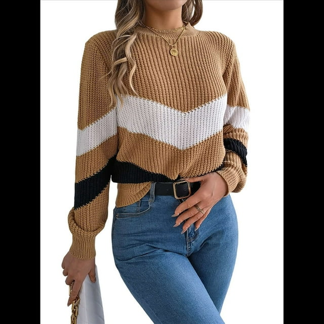 Suéter de Mujer, Informal, de Larga, Cuello Redondo, con Bloques de Color, de Punto. Caqui L