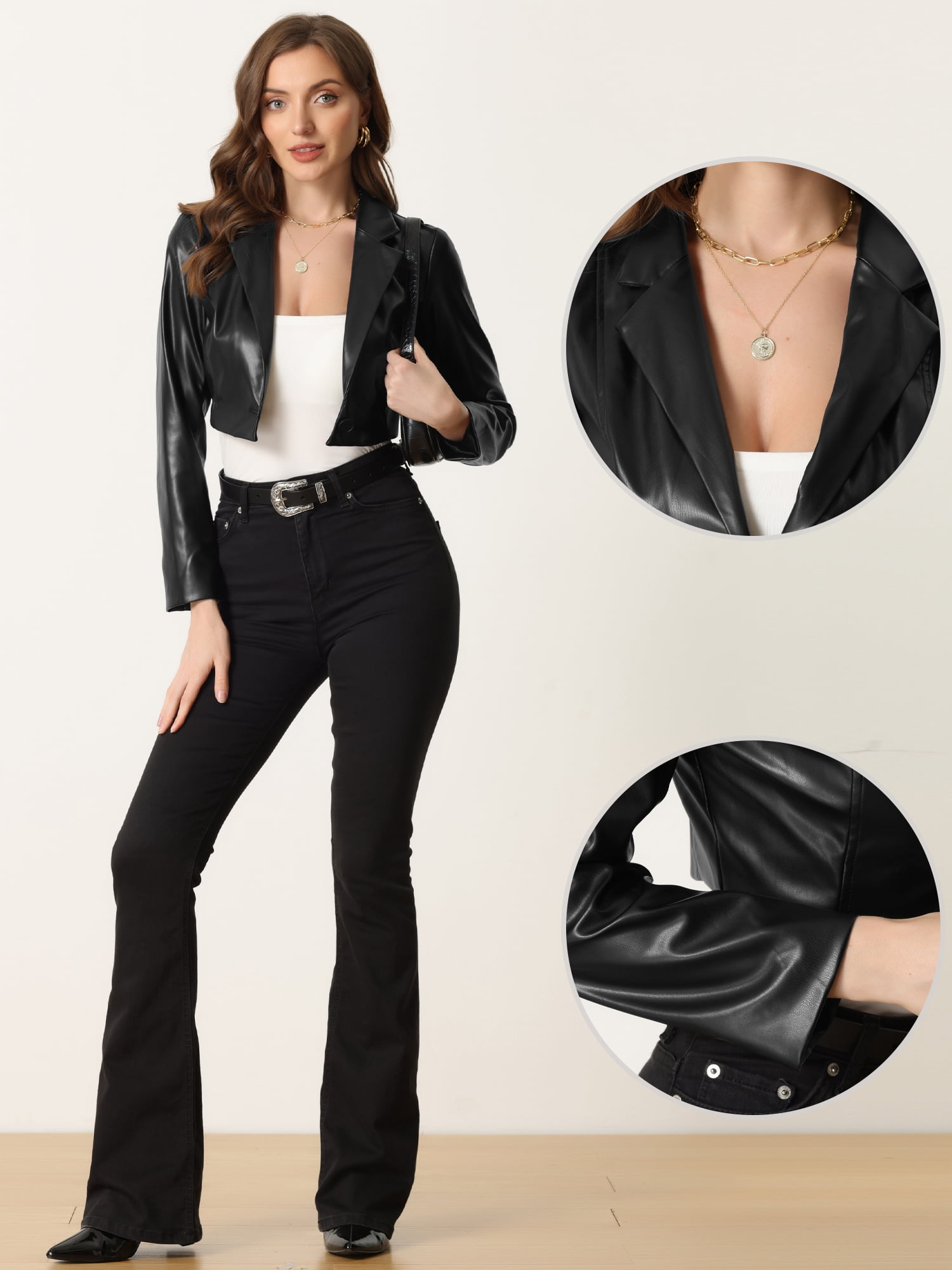 DARING DIVA Women's Single Breasted Blazer Moto PU Fashion Jacket M Black