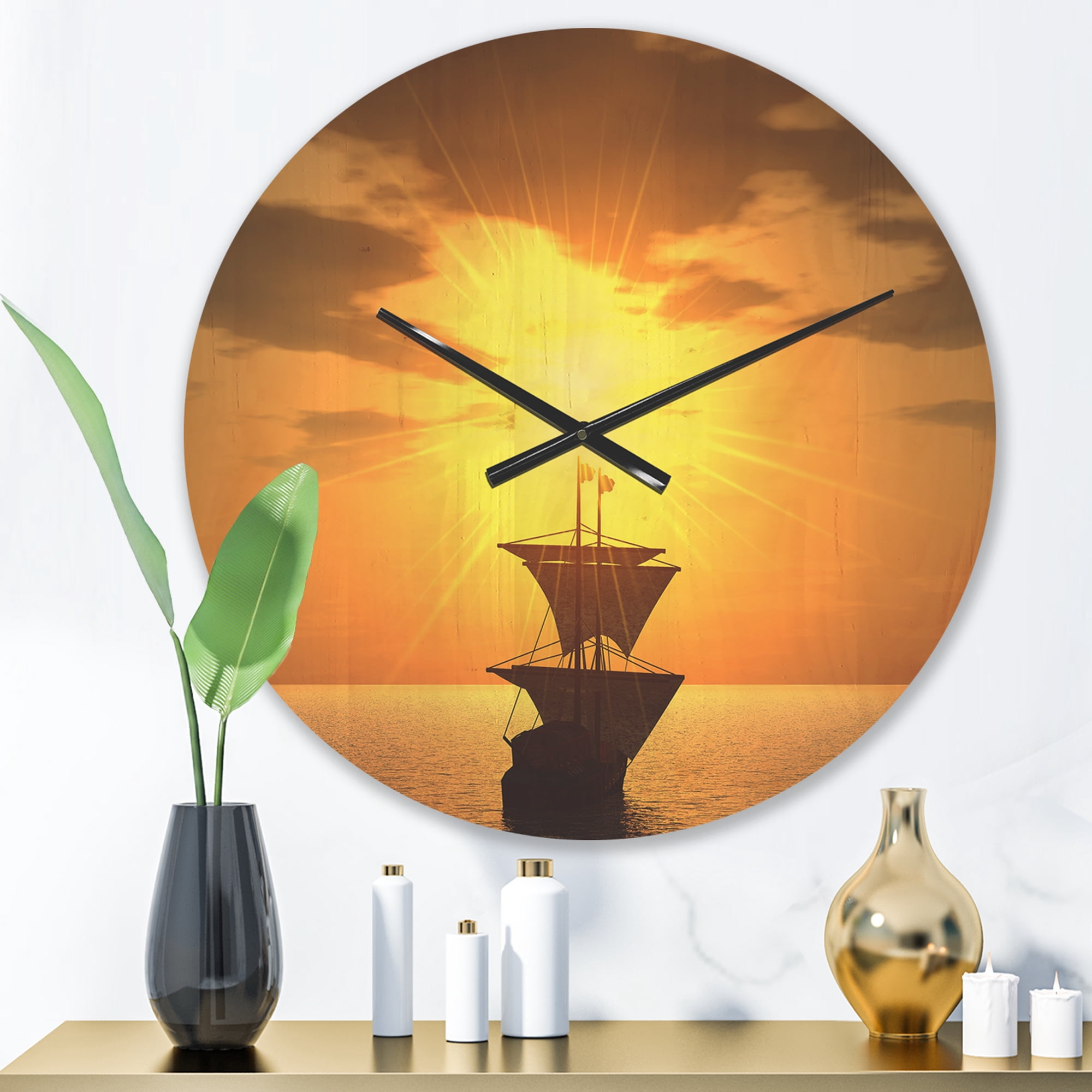 Designart 'Sunset and Ship' Modern Wood Wall Clock