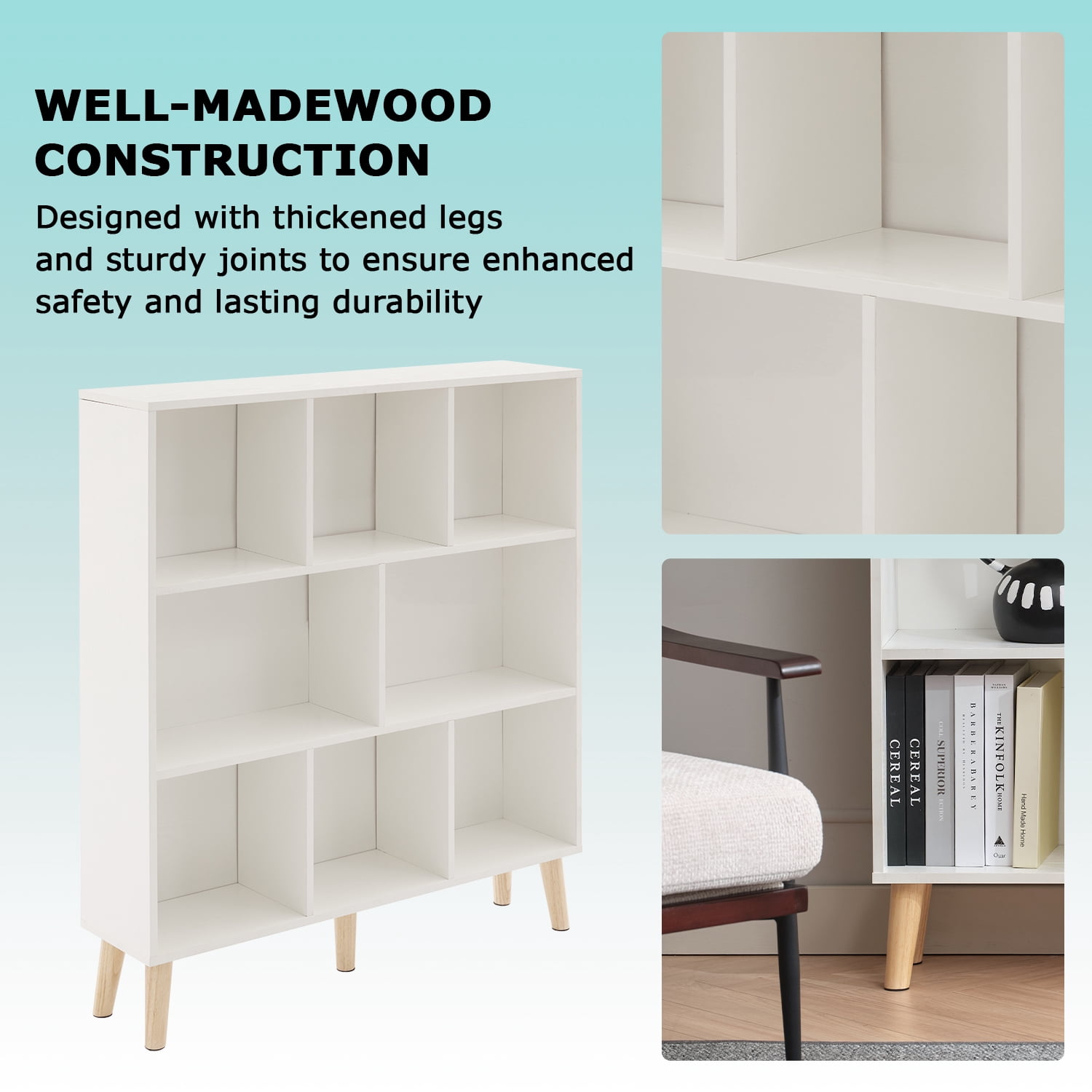 3-Tier Book Shelf, 8 Cube Bookcase, Mid-Century Modern Wood Shelf for Living Room, or Office, White