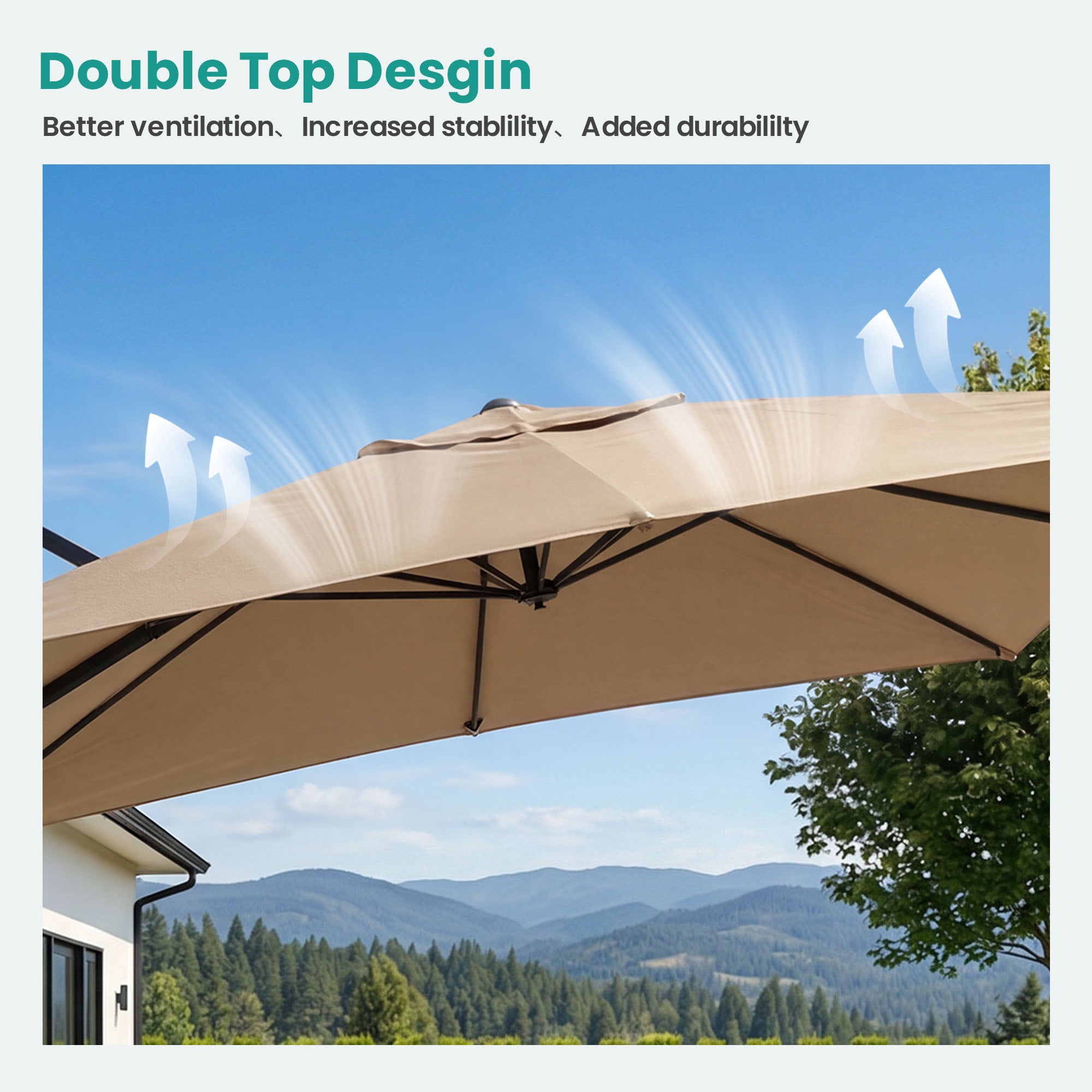 FOROUTIA 10x13ft Khaki Cantilever Patio Umbrella, 360° Rotation Offset Umbrella with 4-Level Tilt, Double Top UV50+ Waterproof Outdoor Umbrella for Pool, Backyard, Garden, Deck