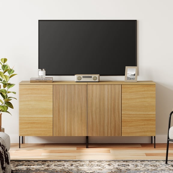 WAMPAT 31.5" Modern TV Stand for TVs up to 45 Inch, Fluted Wood Media Console with 3 Drawers, Push-to-Open Storage Cabinet for Living Room