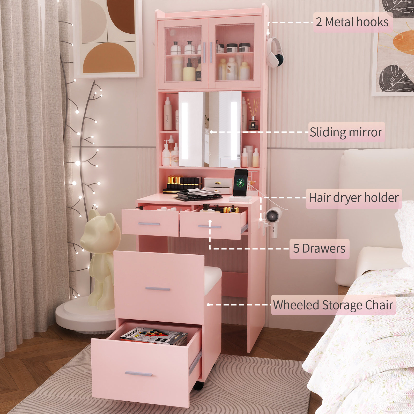 Ktaxon Makeup Vanity Table for Small Spaces, Vanity Table Set with Charging Station and Sliding Mirror, Bedroom Makeup Table, Pink