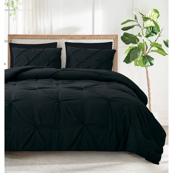 Marina Decoration Ultra Soft Luxury Fluffy Goose Down Alternative Solid Geometric Pintuck Tufted Bedding Set Pinch Pleated Comforter Set with Ruffled Shams, Black Color