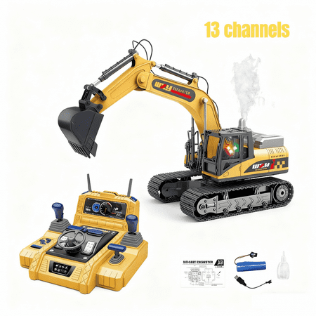 Remote Control Excavator for Kids, 13CH RC Construction Vehicles Toy Excavator with Spray, Sound & Lights for Kids Christmas Birthday Gifts