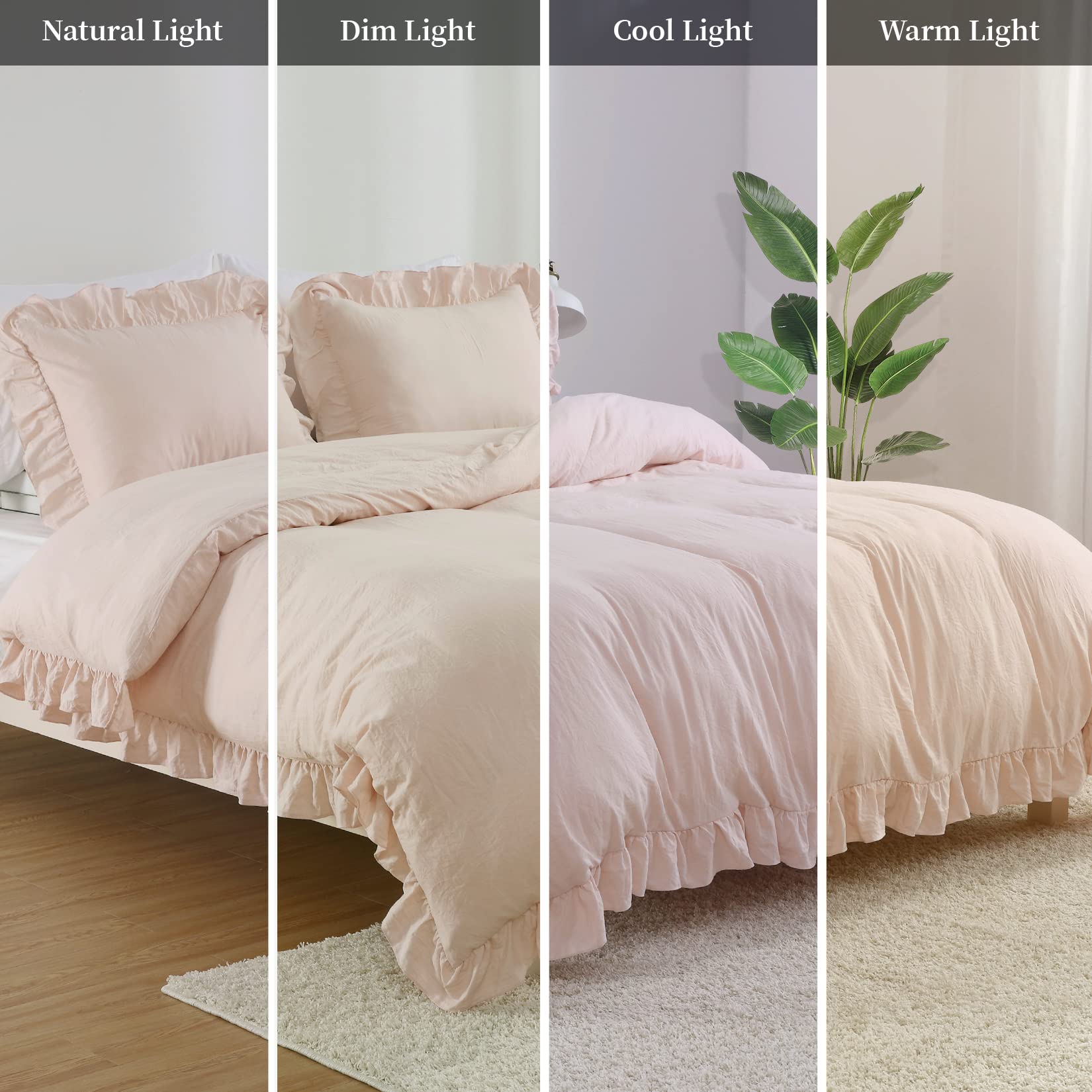 Ruffle Duvet Cover King Size, 3PCS Soft Washed Microfiber Vintage French Country Duvet Cover Set with Button Closure, Pink, 104x90 in