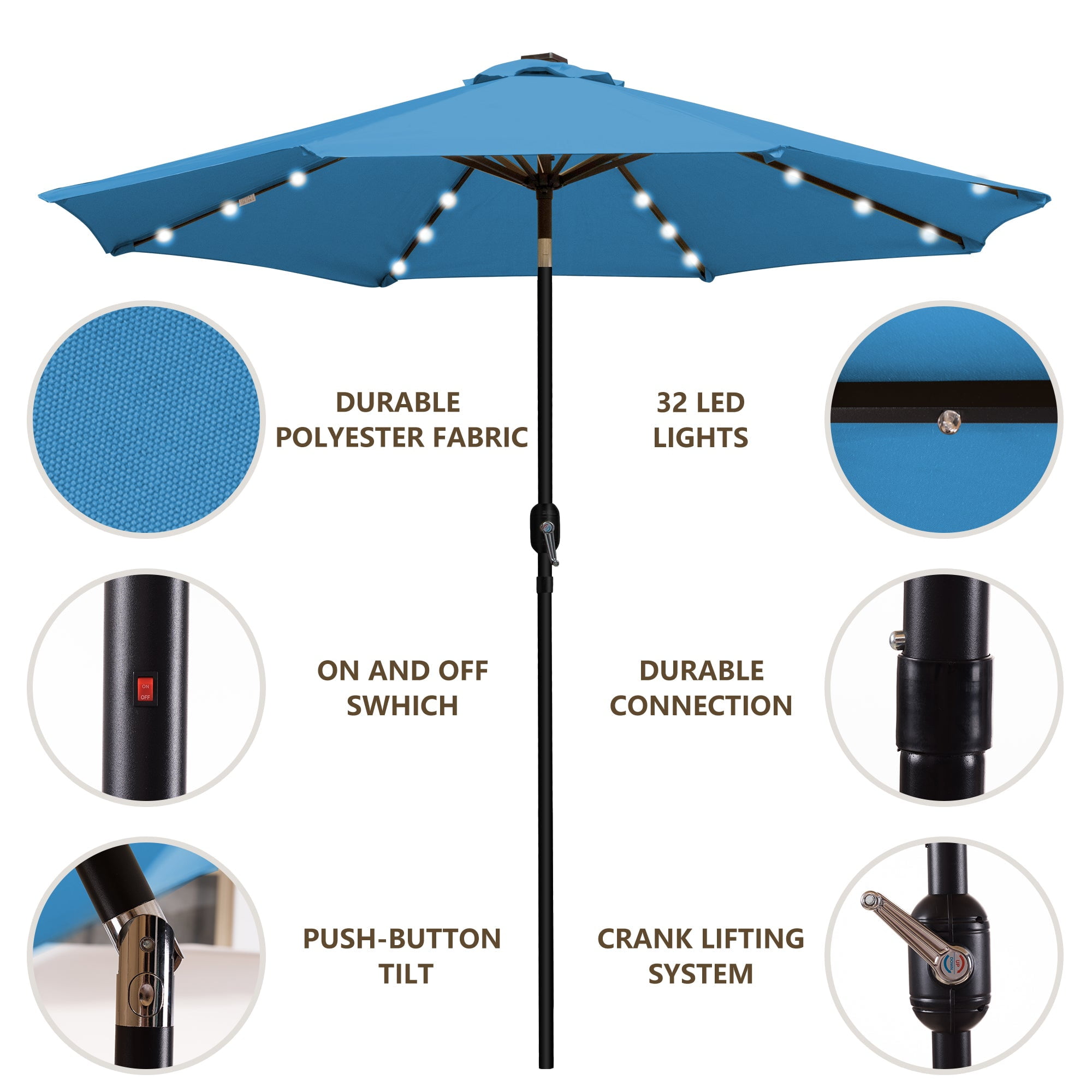 SunRay 9 FT 32 LED Patio Solar Umbrella w/ Push Button Tilt and Crank Outdoor Umbrella Teal