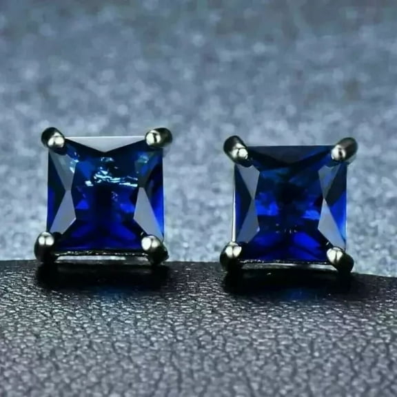 4Ct Princess Cut Lab Created Blue Sapphire Stud Earrings 14K White Gold Plated
