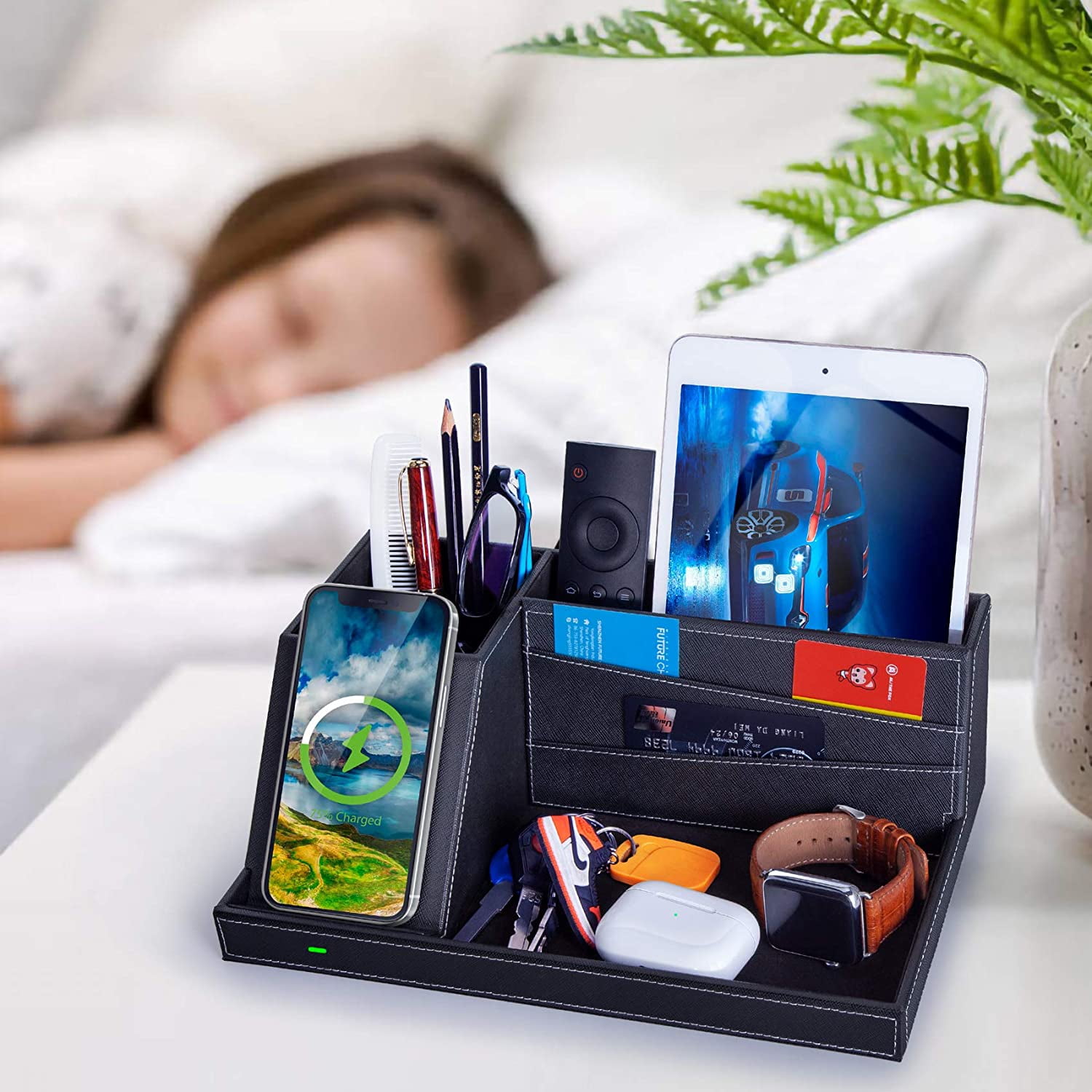 Miroddi Desk Organizer with Wireless Charging for iPhone, PU Leather Valet Catchall Tray with Pencil Holder for Desk & Nightstand Organizer Home Office, 1 Pack