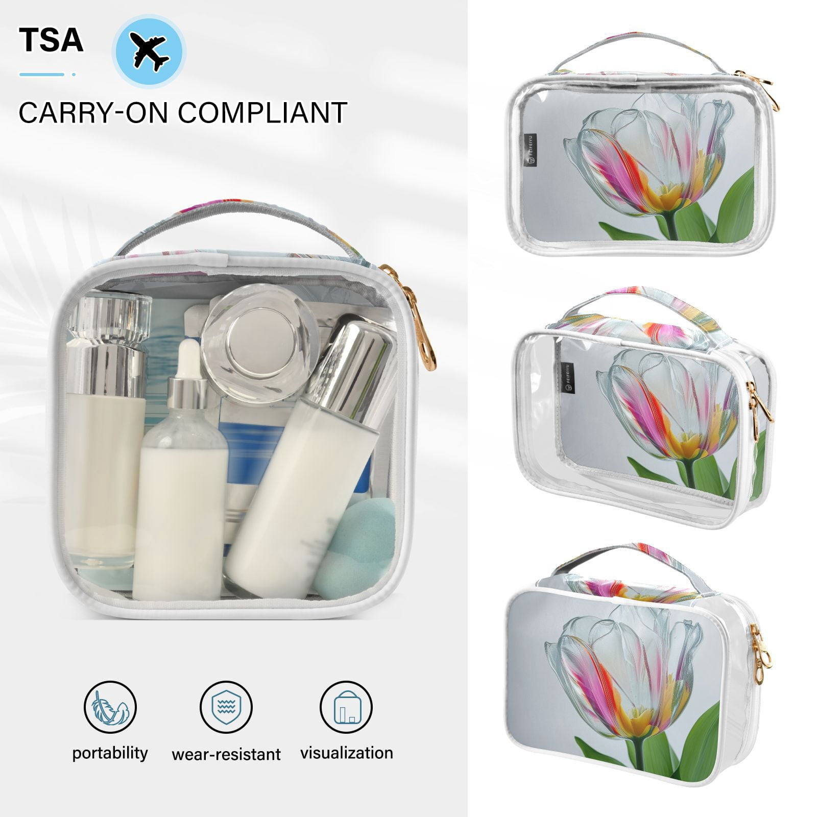 Clear Makeup Bags with Handle Large Opening 2 Pack Set Toiletry Bag Quart Size Bag, for Women Man Traveling Travel Essentials, Toiletries and Other. Transparent Tulipa