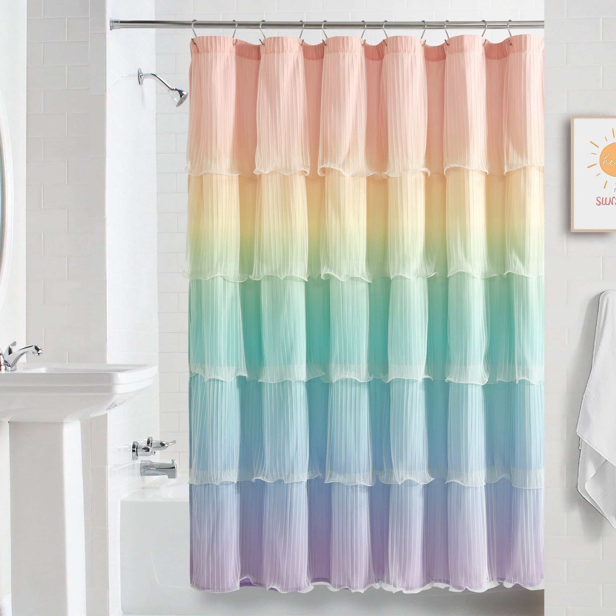 Lush Decor Rainbow Ombre Nerina Ruffled Shower Curtain Single 72" W x 72" L Rainbow - Colorful Ruffles - Rainbow Shower Curtain - Frilly Teen Or Kids Bathroom Decor