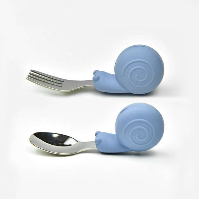 Tenedor cuchara de entrenamiento para aprender a comer para bebés hipopótamo, mango corto, vajilla de acero inoxidable, tenedor cuchara de silicona para alimentos complementarios para niños