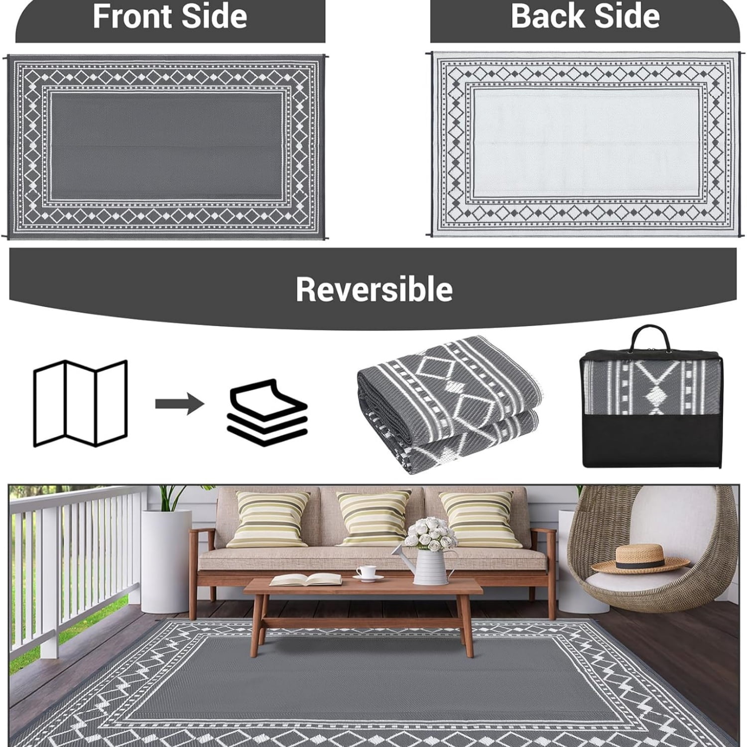 Riedhoff Outdoor Rug 9'x12', Geometric, Gray & White