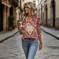 thumbnail image 5 of Domzest V Neck Tops for Women 3/4 Sleeve Boho Floral Print Pleated Button Down Shirts Loose Fit Tunic Blouse Red S, 5 of 6