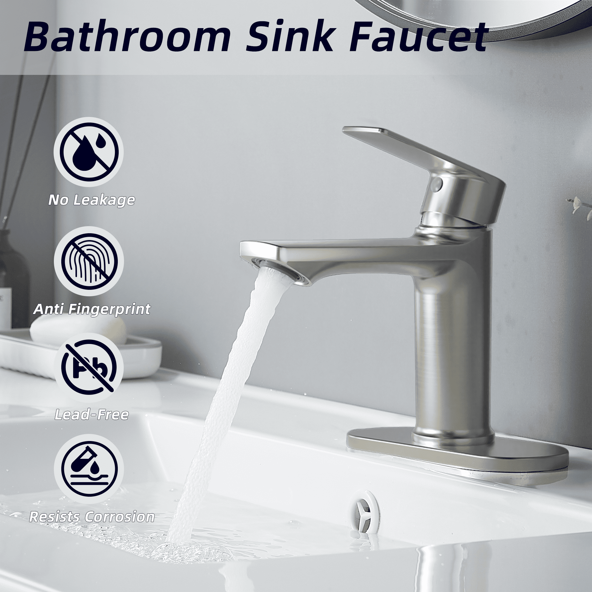 BELZ Bathroom Faucet Modern Waterfall Bathroom Sink Faucet with Single Handle with Pop Up Drain and Deck Plate Suitable for 1 or 3 Holes，Brushed Nickel