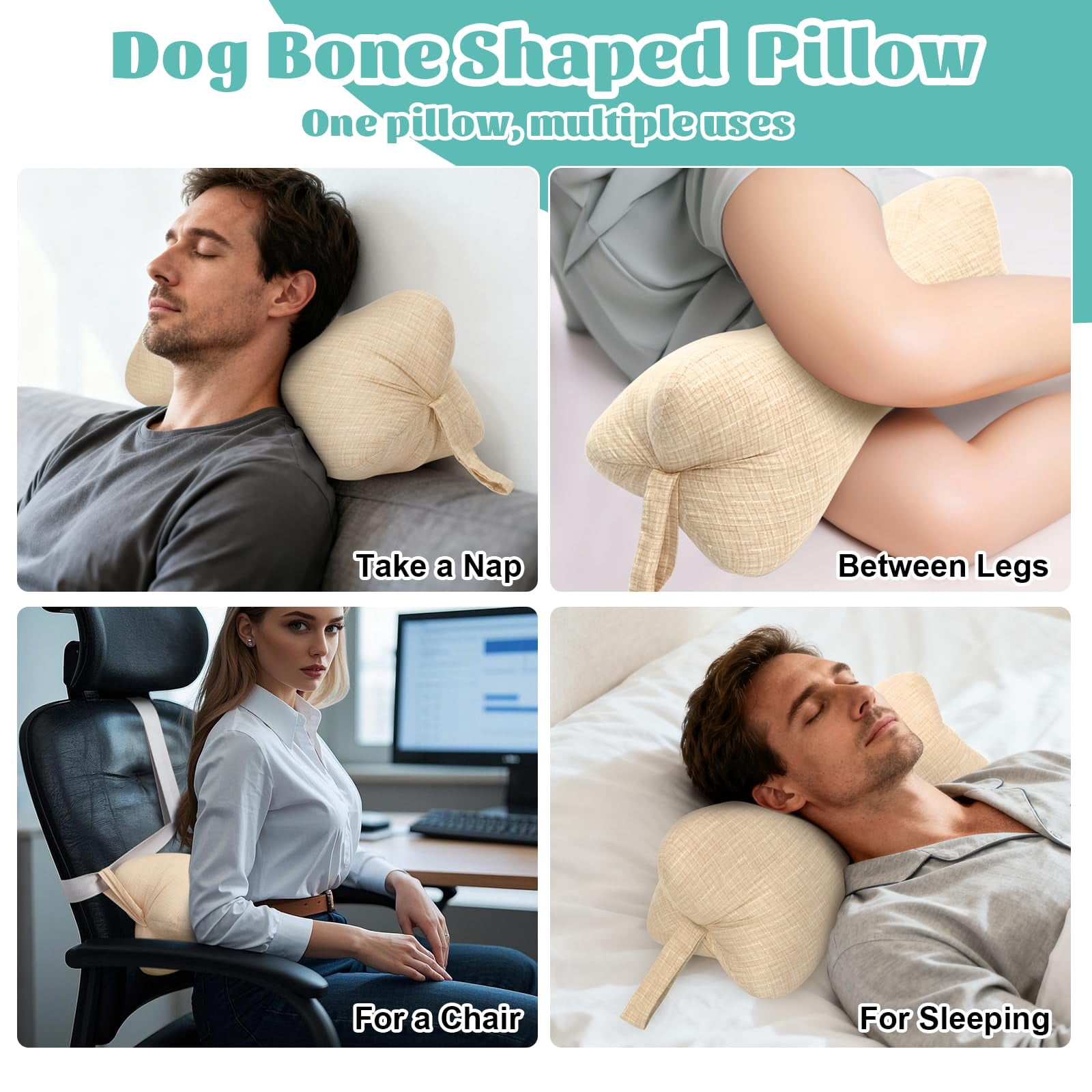 RoamReady Neck & Cervical Pillows, Dog Bone Shaped Neck Pillow with Fixed Rope & Have Loops on End, for Chiropractic Lumbar Spine, for Car Bus Truck Driving Travel Comfort Head Rest Support,Yellow