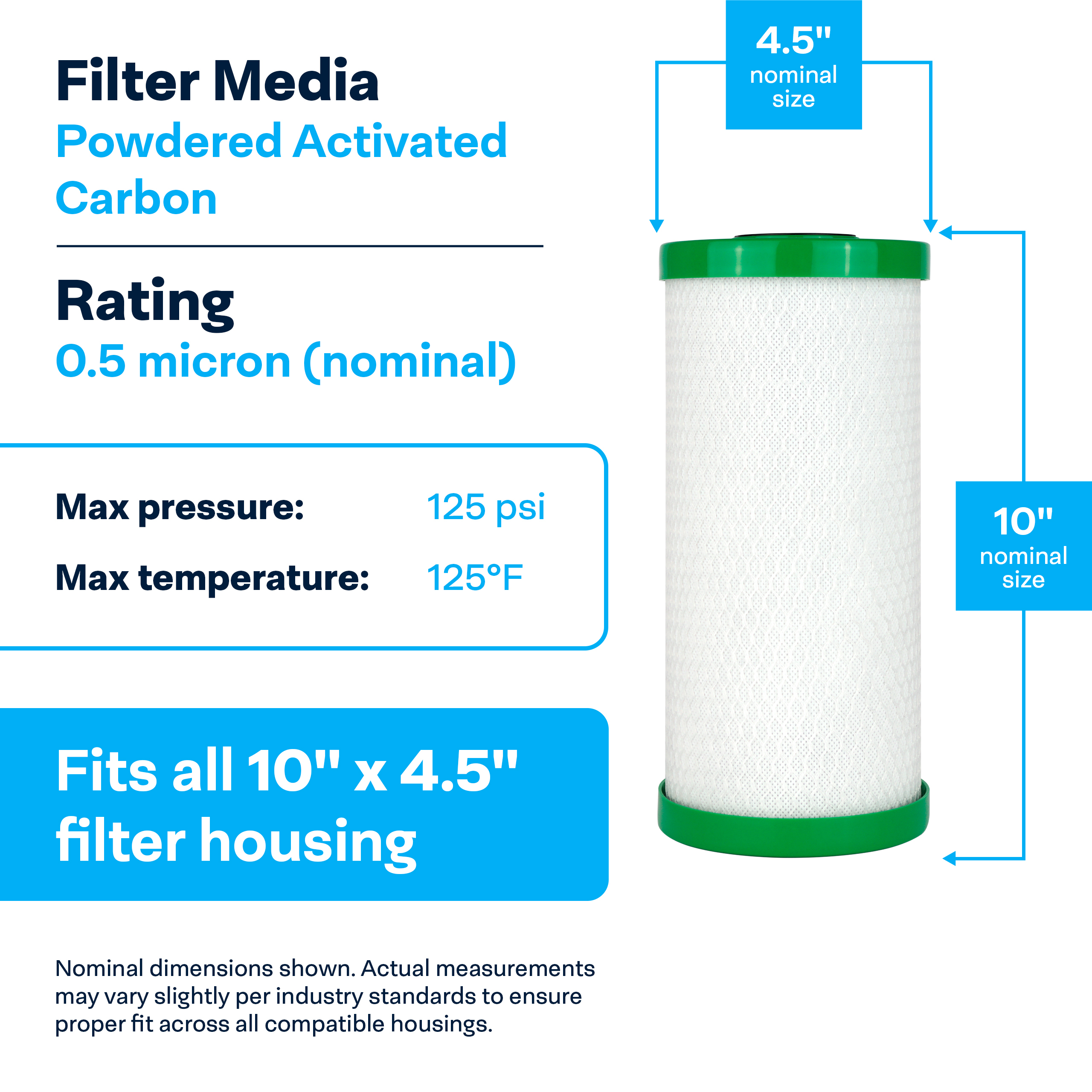 SpiroPure SP-CBR2-BB 10x4.5 0.5 Micron NSF Certified Coconut Shell Carbon Block Water Filter Cartridge CBC-BB 155170-43 SMCB-4510 (Case of 6)