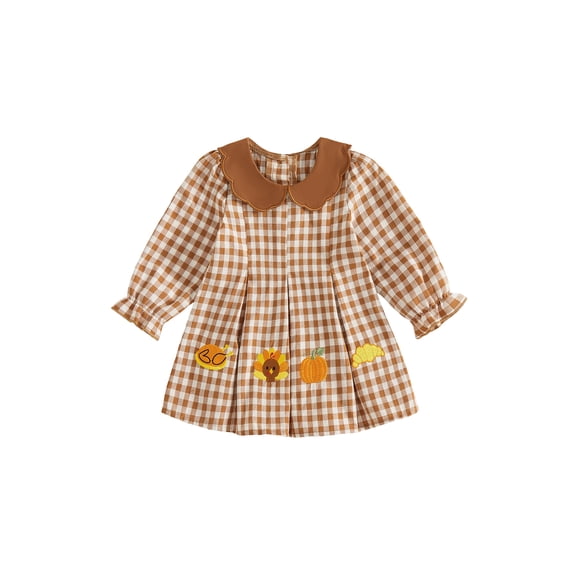 Cjfdfy Toddler Baby Girl Thanksgiving Dress Outfit Turkey Embroidery Long Sleeve Doll Collar Plaid Dress Fall Holiday Outfit Cute My First Thanksgiving Fall Winter Clothes 6M-4Y