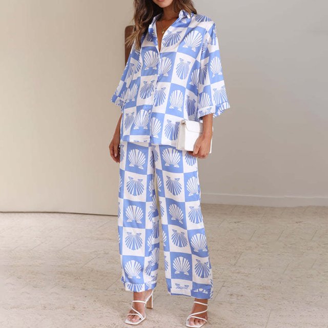 Pijamas Navideñas Conjunto de blusa de solapa y pantalón de pierna ancha para mujer, traje de casa a juego de 2 piezas Ygjytge Azul T XL para Mujer
