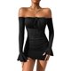 thumbnail image 1 of Vestido corto para mujer con hombros descubiertos y fruncido, manga larga con volantes y lazo frontal Negro sólido CH Negro sólido CH Xishao ropa, 1 of 2