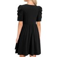 thumbnail image 4 of HUBERY Women Square Neck Puff Short Sleeve Pleated Pocket Solid Color Midi Dress, 4 of 6