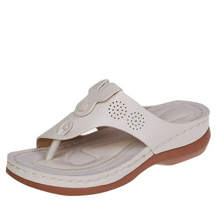 

LWVITH Orthopedic Sandals for Women Ladies Comfy Orthotic Flip Flops Post Thong Slippers Summer Flat Roman Sandals Low Wedge Open Toe Breathable Beach Shoes White 7.5