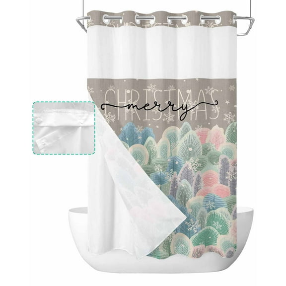 No Hook Shower Curtain with Snap in Liner, Christmas Abstract Xmas Trees Grey Texture Hotel Shower Curtains for Bathroom, Washable Shower Curtain Liner Set with Mesh Top Window, 36"x72"